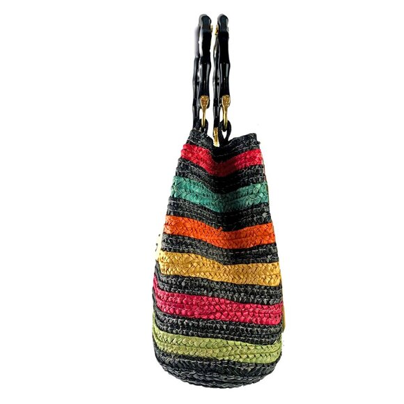 MAGID Multi Colored Striped Wheat Straw Double Wooden Handle Satchel - Picture 8 of 14